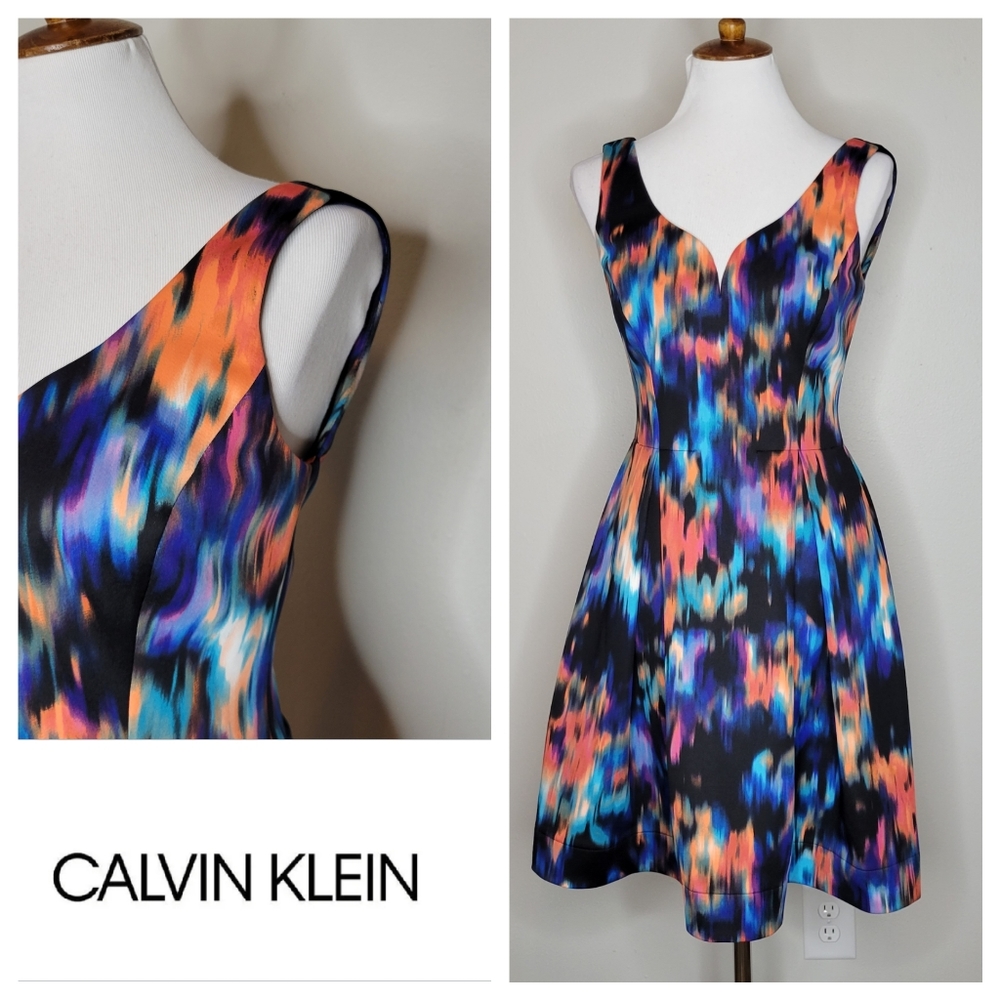 Calvin Klein Abstract Watercolors Fit n Flare Dress Size 6